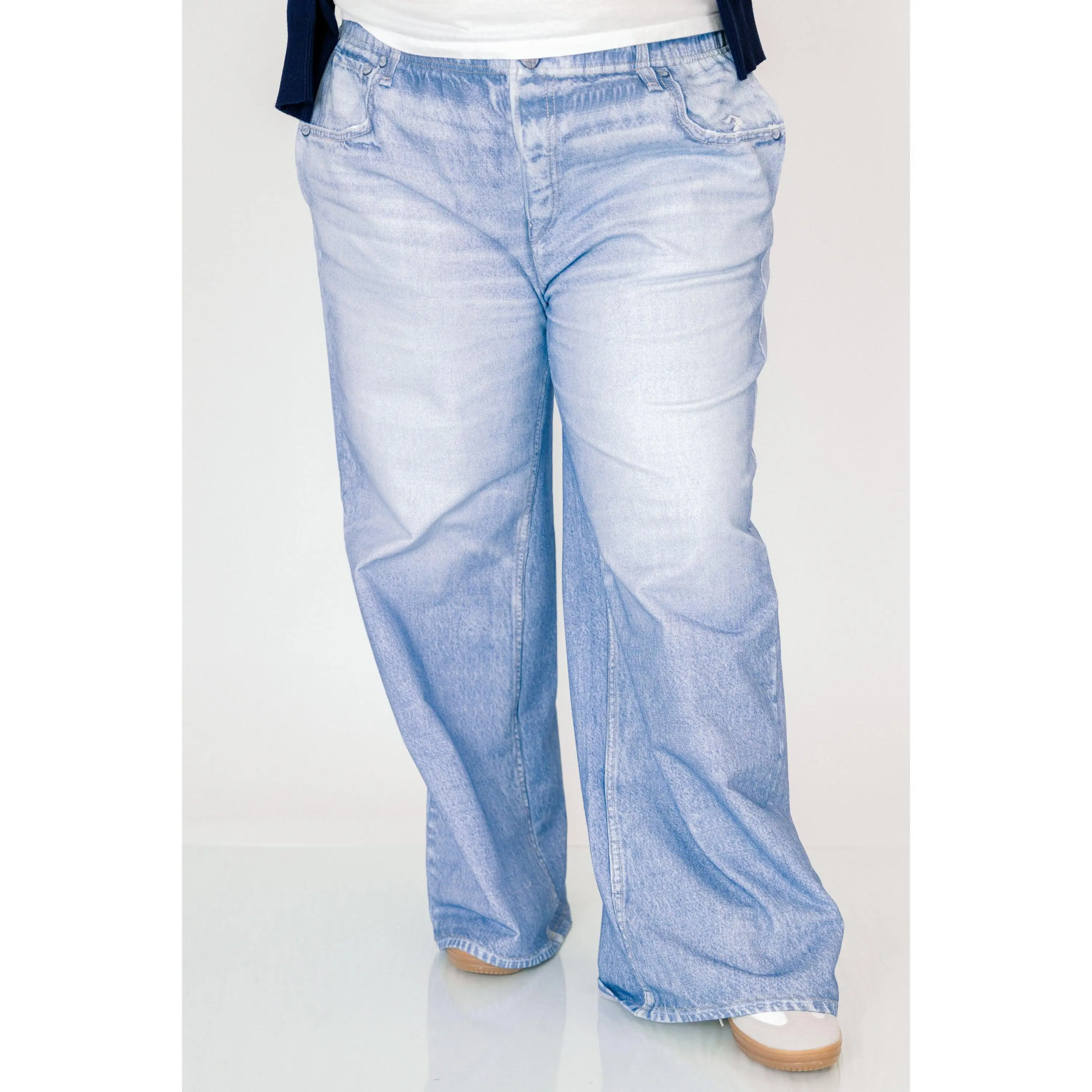 Women's Wide-Leg Pull-On Jeans with Digital Denim Print, Smooth Cotton Blend Pants with Elastane for Comfy Daily Streetwear, Spandex, Slip, Fabric, Bottom, Comfy Ootd, Vibe, Trouser, Breathable, Digital Print, Pull-On Waist, Streetwear Look