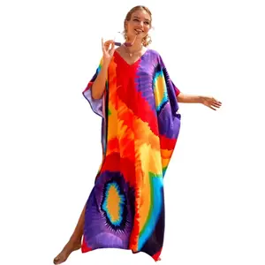 Plus Size Mumu Dresses for Women - Boho Batwing Sleeve Caftan with Side Slits, Long Moo Moo Nightgown & Beach Cover Up - rainbow colors
