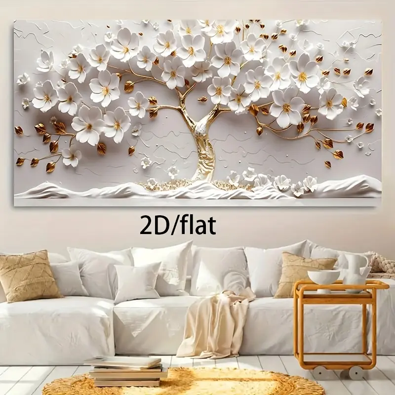 Framed 2D Flat Modern Life Golden Tree Canvas Print - Modern Wall Art for Living Room, Bedroom Home Decor