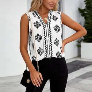 Women’s Floral V-Neck Tank Top – Sleeveless Chiffon Blouse, Casual & Workwear Spring Summer
