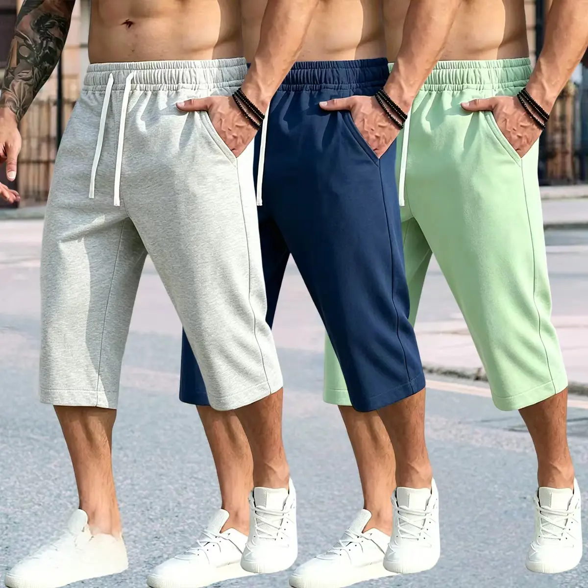 Set of 3 men’s fitness shorts for summer: straight-leg, loose squat shorts; basketball running training shorts; seven-eighths length shorts; men’s loose casual shorts—Korean style with a relaxed feel, trendy.