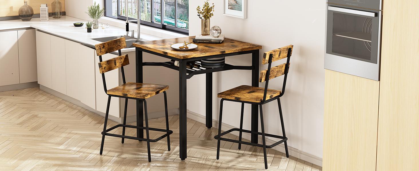 DKLGG 3 Piece Bar Table and Chairs Set, Counter Height Small Dining Table with 2 Bar Stools, Farmhouse Square Kitchen Table with Storage for Bistro, Pub, Small Space