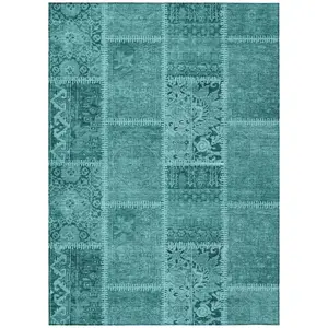 Machine Washable Turquoise Teal Rug - Indoor / Outdoor - Kids / Pet Friendly Patchwork Print Rug