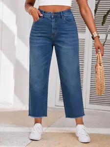 Plus Size Women's Washed Denim Jeans with Pocket, Casual High Waist Straight Fitted Long Pants Trouser, Elastic Fabric, All Seasons, Perfect for Outing and Dating
