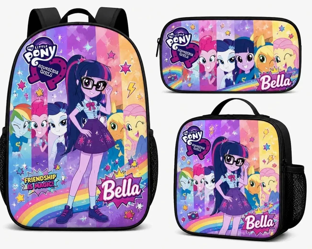 Personalized Cute Kawaii Unicorn Pony Graphic Student Bag Set | 3Pcs Laptop Backpack Insulated Lunch Tote Pencil Pouch | Custom Gift