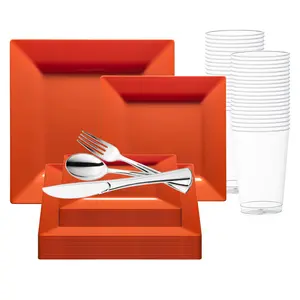 Burnt Orange Square Plastic Plates Wedding Value Set