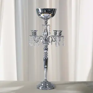 Metal Candelabra 33" 4 Arm Design Silver with Flower Vase Bowl - Table Centerpiece for Weddings