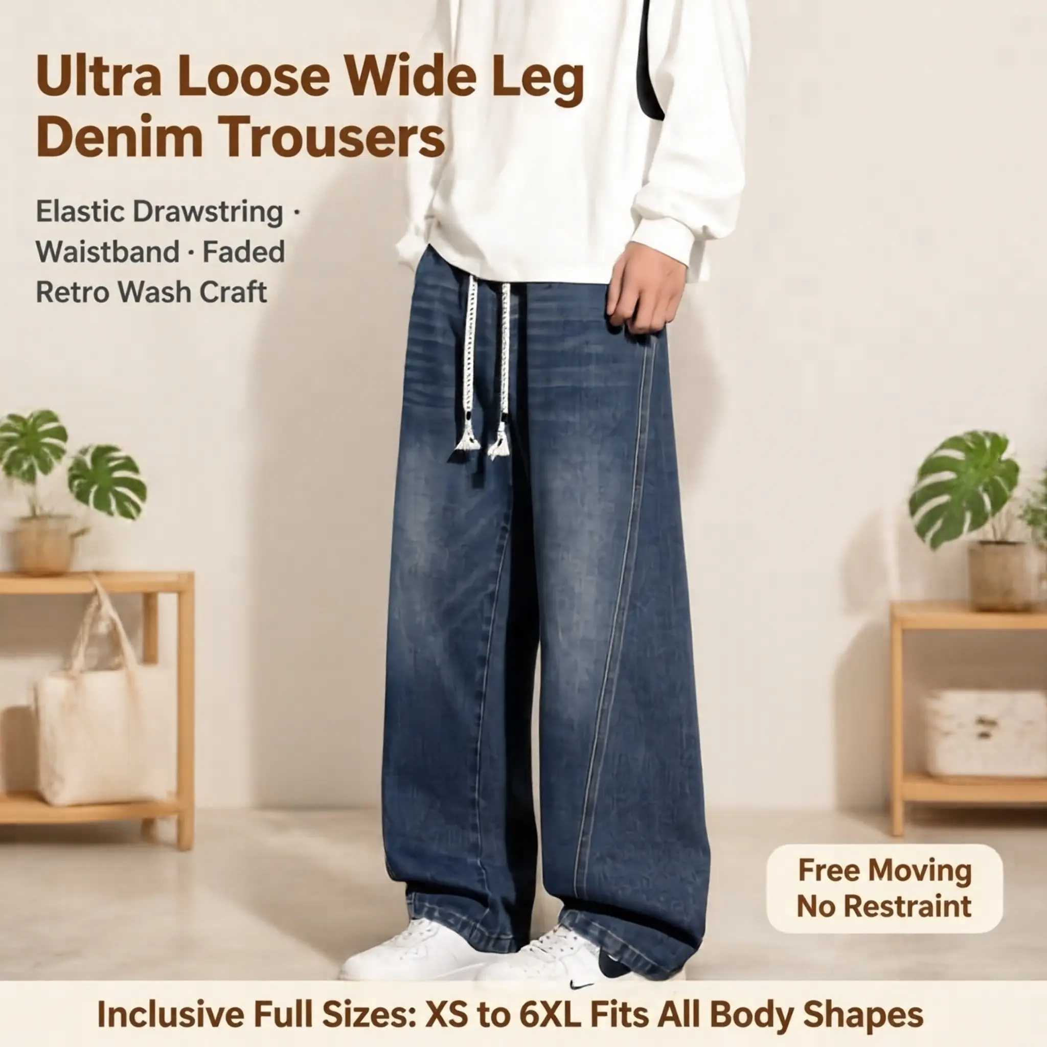 Men's Baggy Wide Leg Denim Jeans - Drawstring Waist with Elastic Band, Vintage Retro Style Wash, 90s Loose-Oversized Fit, Cotton Blend, All Season, XS-6XL Sizes, Big & Tall Casual Streetwear Pants for All-Day Comfort Free Movement, Light Blue Trousers, No