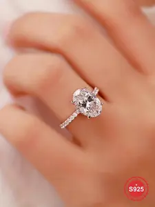 S925 Sterling Silver Fashionable Glamorous 4.5ct Egg-shaped Zircon Ring for Women, Real 925 Sterling Silver Jewelry, Bridal Wedding Engagement Dating Party for Ladies
