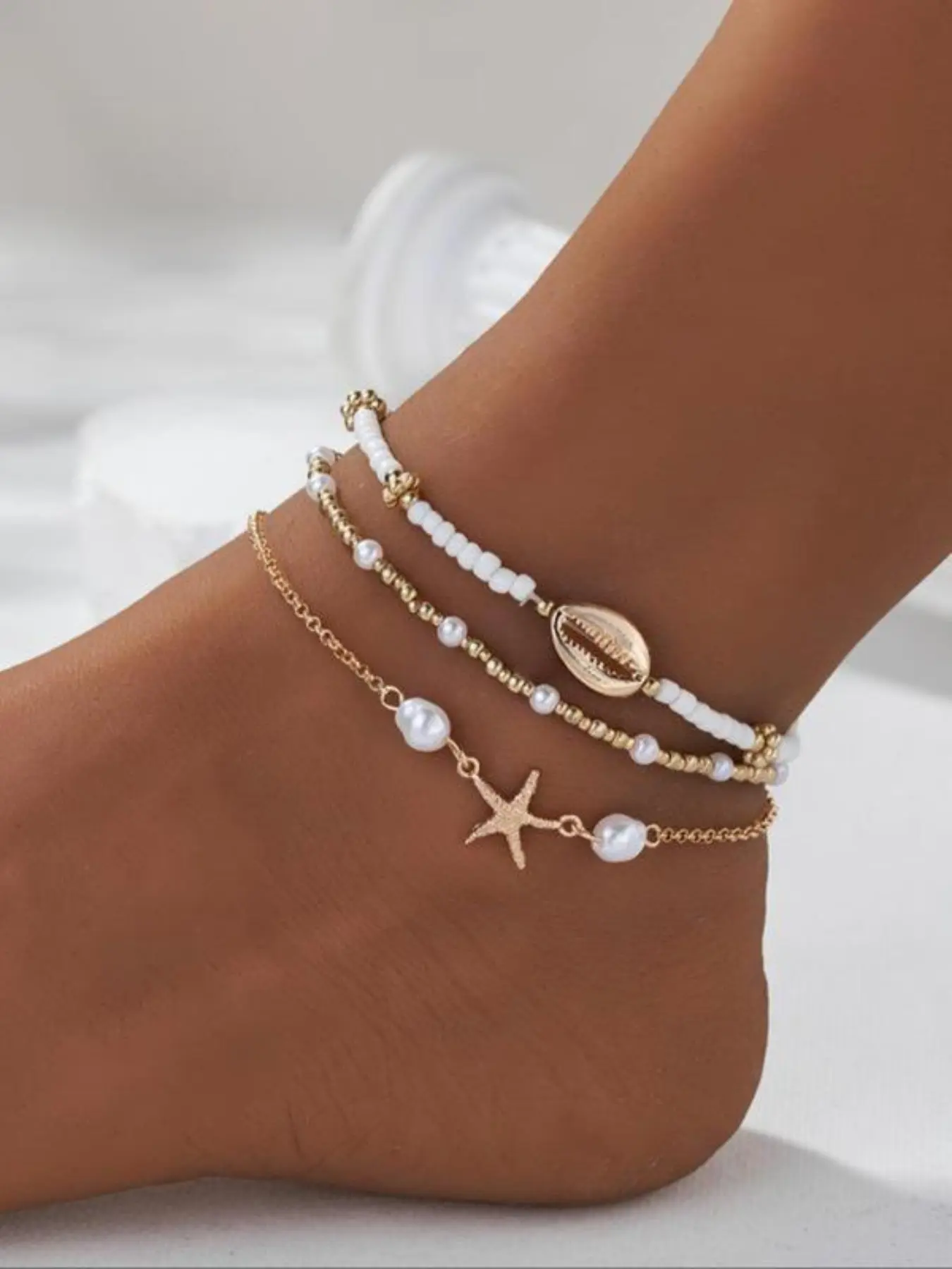 Boho Style Faux Pearl Anklet, Layered Ankle Bracelet, Fashion Beaded Ankle Bracelet for Women and Girls, Casual Party Jewelry, Daily Wear, Versatile Use, Perfect Birthday Gift