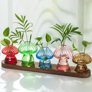 Glass Propagation Station for : Mushroom Planter with Wooden Stand for Home Office Decor -  Propagation Jars for  Lovers - Set of 5 Hydroponic Mushroom Vases  for Mom
