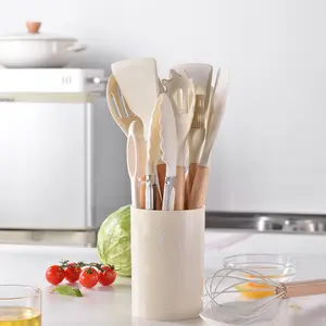 Silicone Cooking Utensils Set with Wooden Handle, 12pcs/set Heat Resistant Spatula Set, Kitchen Gadgets with Convenient Holder for Easy Organization