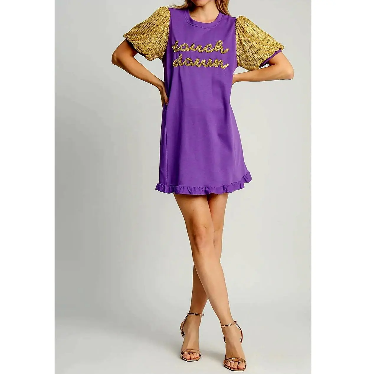 UMGEE GOLD METALLIC "TOUCH DOWN" PURPLE RUFFLE HEM GOLD SEQUIN Sleeves Dress | LSU Tigers