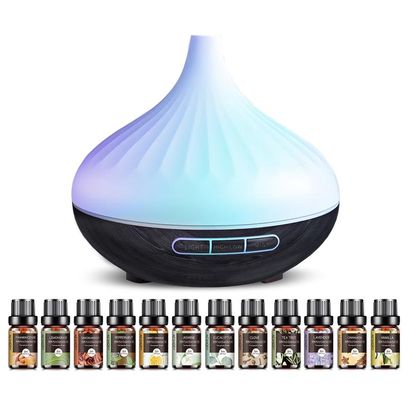 Sohochic 500ml Wood Finish Fragrance Aroma Humidifier - Natural Evaporative Diffuser with 12-Pack Essential Oils, 14 Changing Colors, Timer, Auto-Off Safety, for Home Bedroom Relaxation Gift