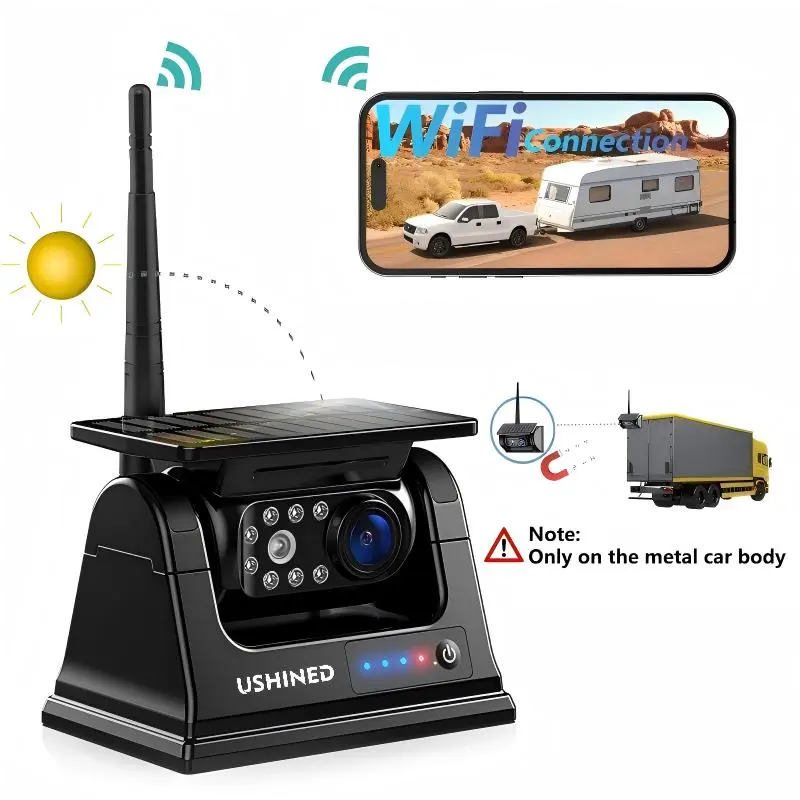 USHINED WiFi Magnetic Solar Wireless Backup Camera for Truck RV Trailer,App for Phone iOS Android,9600mAh Long-Battery Life,1080P Clear Rear View,DVR Recording,Night Vision,IP69 Waterproof,1 Min Installation