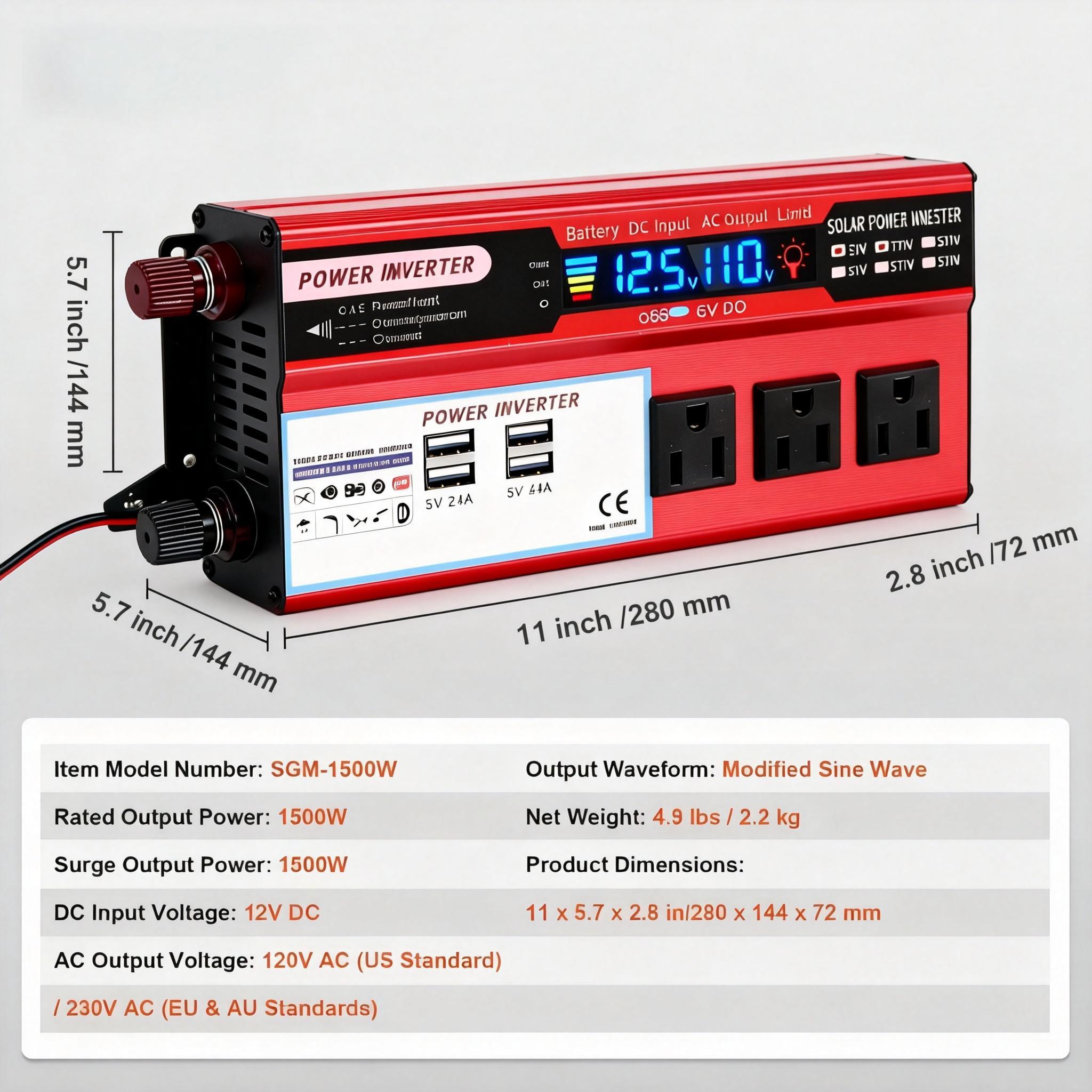 5000W Car Power Converter with Cooling Fan DC 12V to 110V AC Inverter for Daily Commute SUV Van Camping Accessories