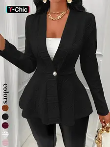 Women's Textured Knit Button Front Blazer, Elegant Long Sleeve Slim Fit Outerwear for Fall & Winter, Ladies Clothes for Work Office Business, Womenswear
