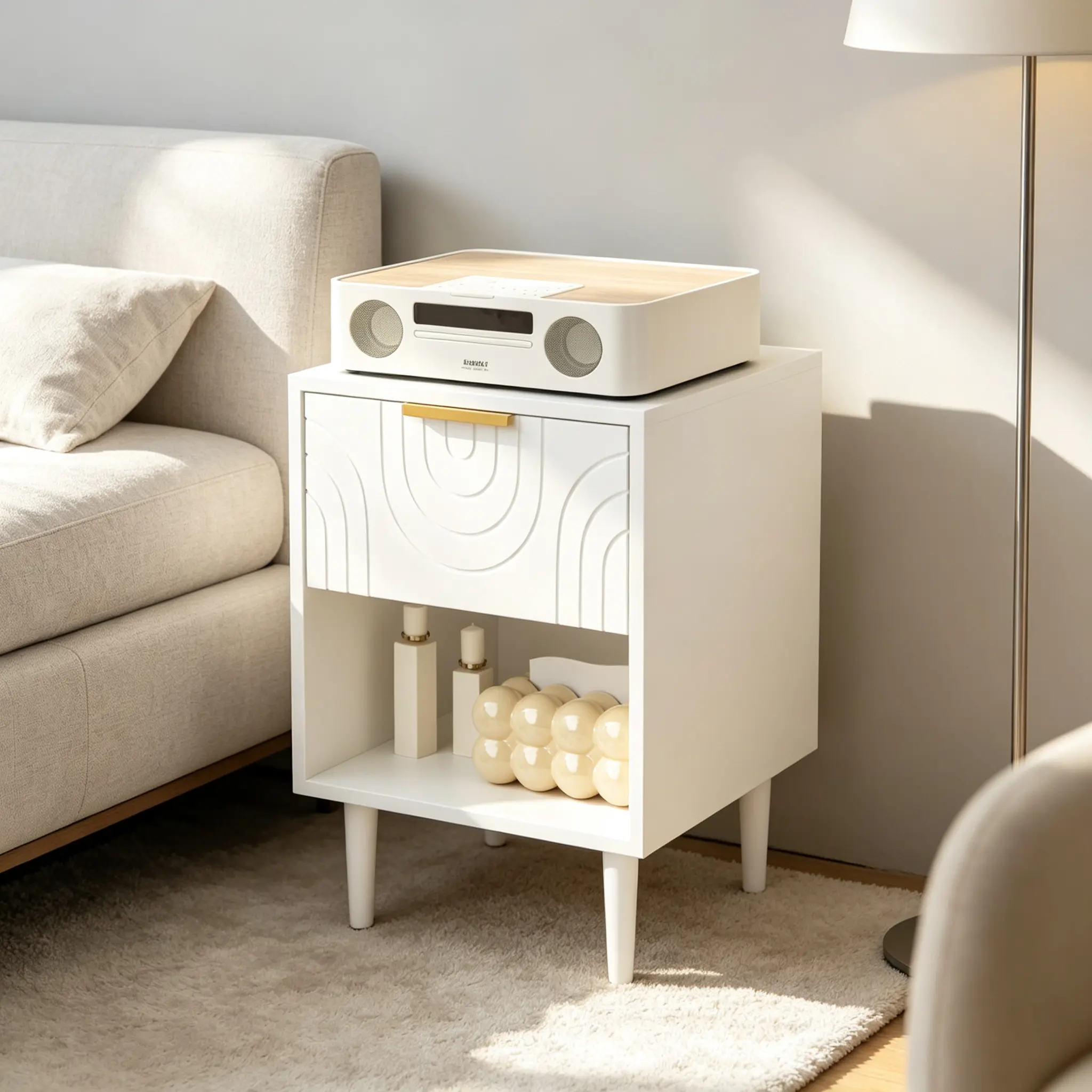 Children's Modern White MDF Bedroom Bedside Table - 1 Drawer, Open Shelf, Gold-Accented Handle, 22.83in H