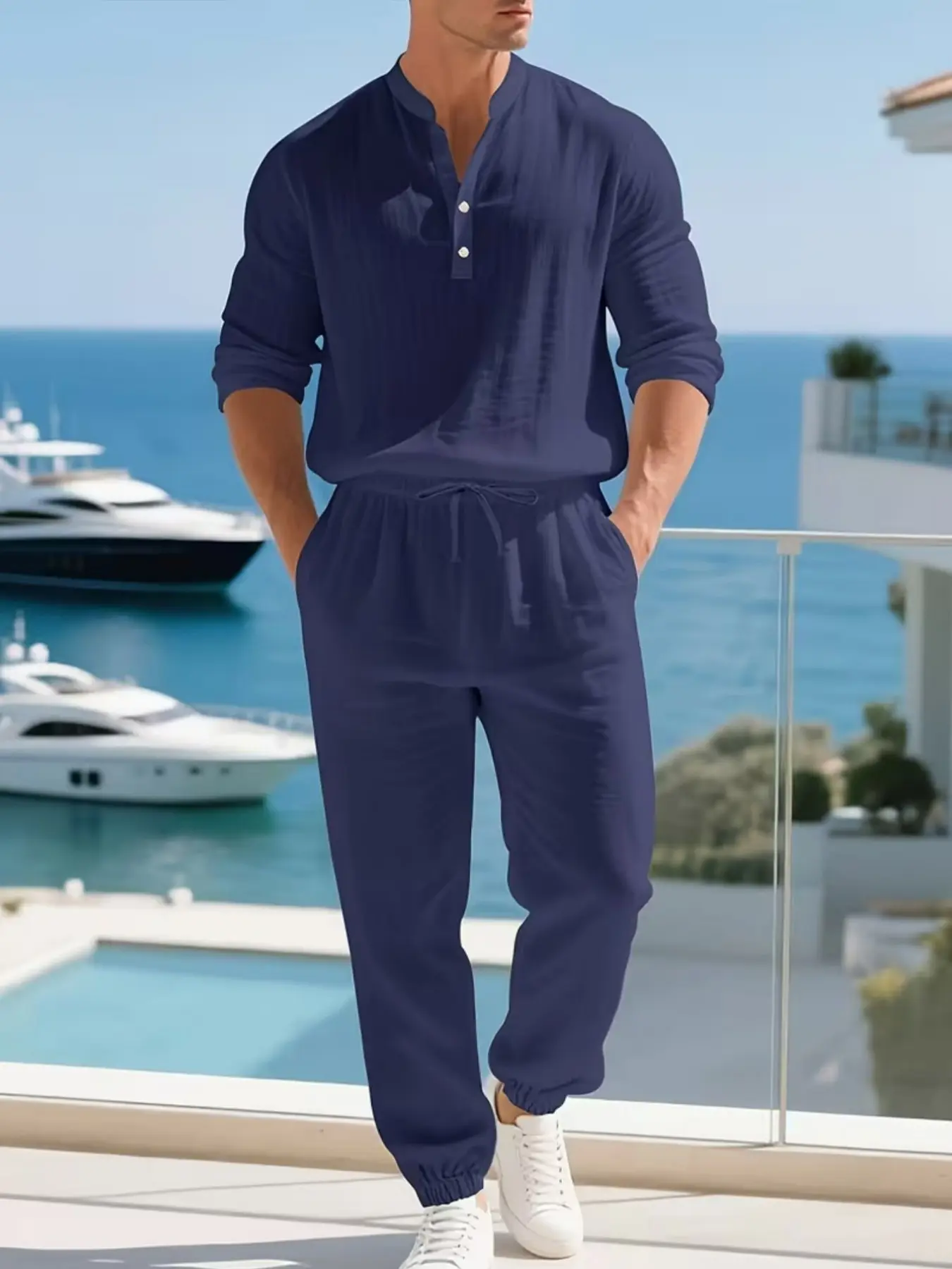 New American Style Linen Casual Loose 2-Piece Outfit, Men's Clothes Long Sleeve Henley Shirt with Matching Pants, Lightweight Breathable Hawaiian Tropical Linen Set, Comfort Loungewear for Home, Holiday, Beach Vacation and Daily Outdoor Wear