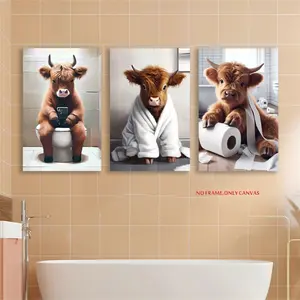 3-Piece Set / Scottish Highland Cow Bathroom Decor Artistic Canvas Art Farm Animal Fun Painting / Playful Canvas Print Art Home Bathroom Wall Decor, 2D Flat Decorative Art