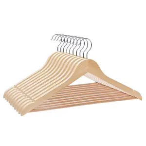 Strong Brown Wooden Coat Hangers |Made with Natural Wood and Non-Slip Trouser bar | Extra Smooth Finish | Strong Shoulder Notches Hanging Metal Organiser Hook coathangers ikea wardrobe Pants Hangers