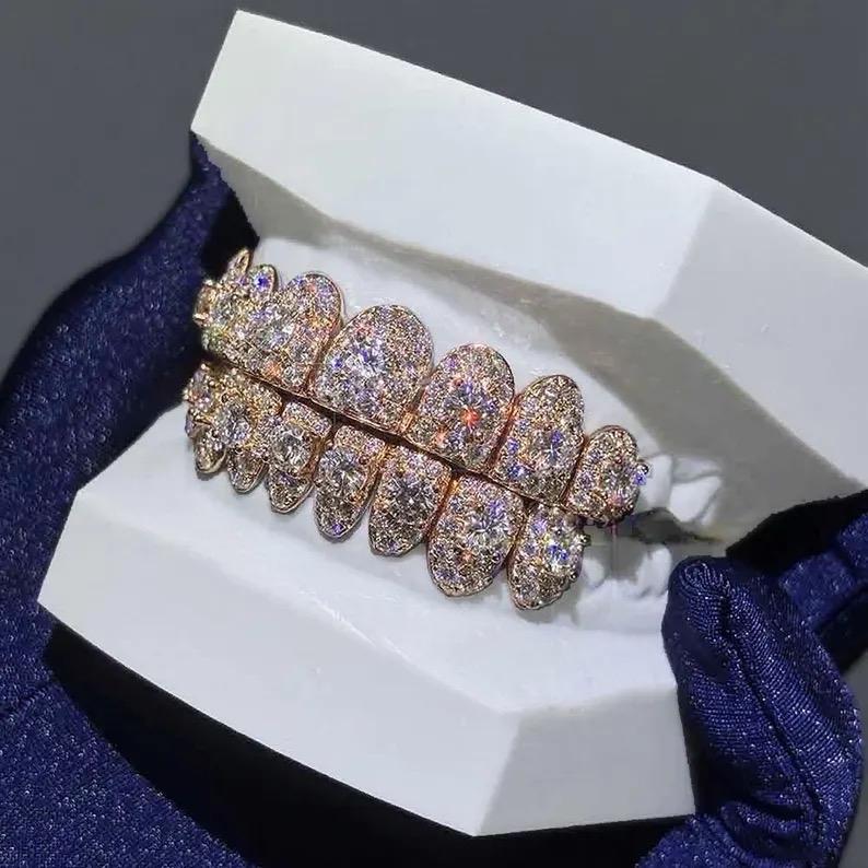 8 Top 8 Bottom 925 Sterling Silver Jumbo center stone Custom Lab Diamond Cvd Perm Cut Grillz