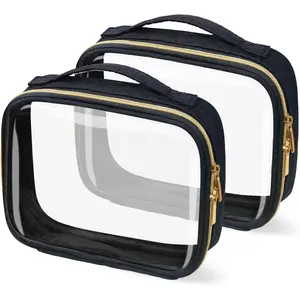 TSA Approved Travel Toiletry Bag 2 Pack Clear Makeup Bags with Handles, Quart Size, Black, Carry  Airport Airline Compliant