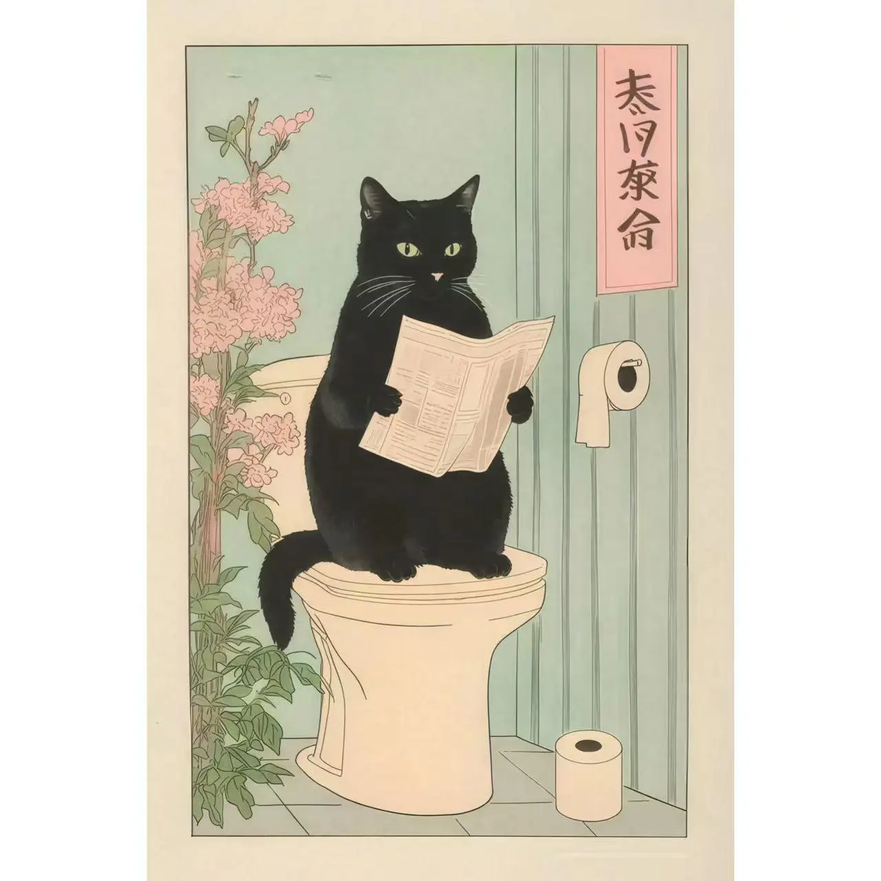 Japanese Black Cat on Toilet Poster – Funny Bathroom Print, Minimalist ...