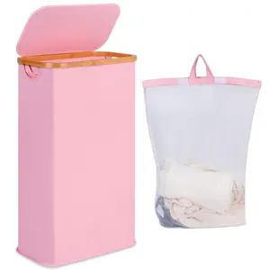 60L Slim Laundry Hamper, Narrow Laundry Basket with Lid,Foldable Clothes Hamper with Bamboo Handles,Hamper Basket with Removable Inner Bag for Clothes Toys Towels