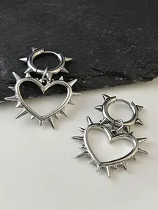 Rivet & Heart Shape Punk Style Earrings, Fashionable Earrings, Heart Shaped Earrings, Stainless Steel Dangle Earrings for Party, Daily Decor, Trendy All-match Y2k Goth Jewelry for Birthday Gift, Unique Gifts for Women, Fashionable Jewelry Accessories