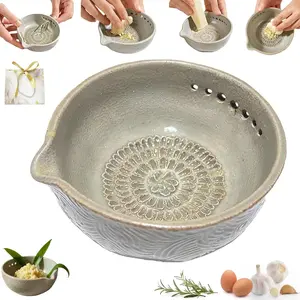 Garlic Paste Spice Bowl for Instant Garlic Crushing, Handmade Earthenware Tool with Peeler and Crusher Perfect for Sauces and Dressings