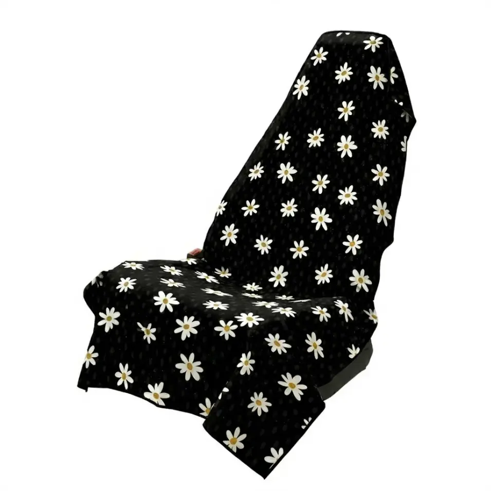 Black Daisy Flower Car Seat Cover Towel Full Size Quick Dry Athletic Seat Protector Sweat Resistant Cover for Gym Beach Travel Daily Driving