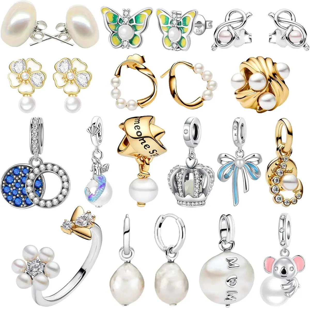 New Original 925 Sterling Silver Pearl Set Charms Ring Heart Flower Earrings Bead Pendant Fit Bracelet Necklace Jewelry Gift