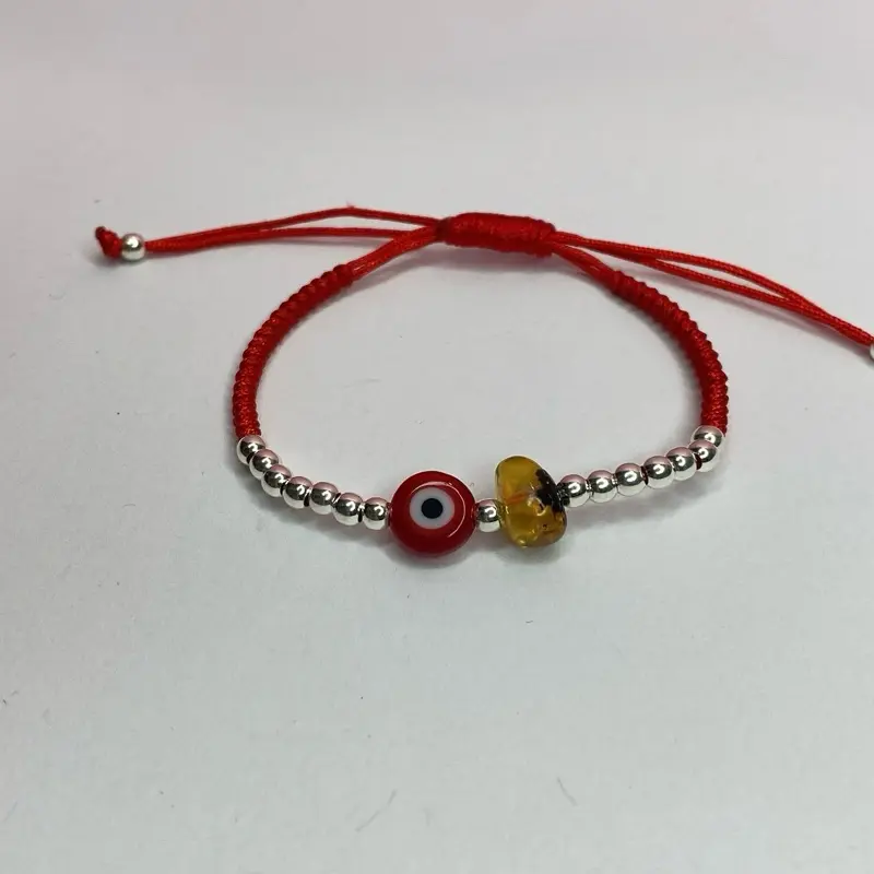 Handmade Kids Protective Evil Eye Bracelet with 925 Sterling Silver, Crystals, & Amber, Adjustable Lightweight Braided Cord, Unisex, Rainbow Crystal, Children, Daily, Everyday Wear, Multi Evil Eyes (Beaded), Protective Evil Eye Charm