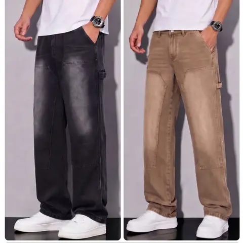 Men's Cotton Baggy Loose Fit Carpenter Denim Jeans Washed Black & Brown Double Knee Painter Cargo Pants with Utility Hammer Loop, Vintage Menswear Workwear Trousers for Fall Skater Casual Wear (Pair with Sneakers)