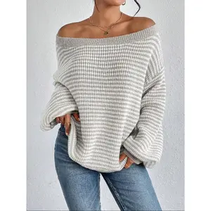 [LTO]Women'S Striped Drop-Shoulder Sweater, Casual Bishop Sleeve Boat Neck Jumper For Daily Outdoor Wear, Ladies Knitwear For All Seasons, Womenswear, Tops