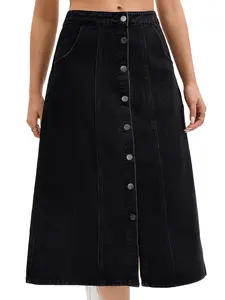 INSPIRE CHIC Women's Denim Skirt Button Down Front Slit High Waisted Pockets A Line Midi Jean Skirts