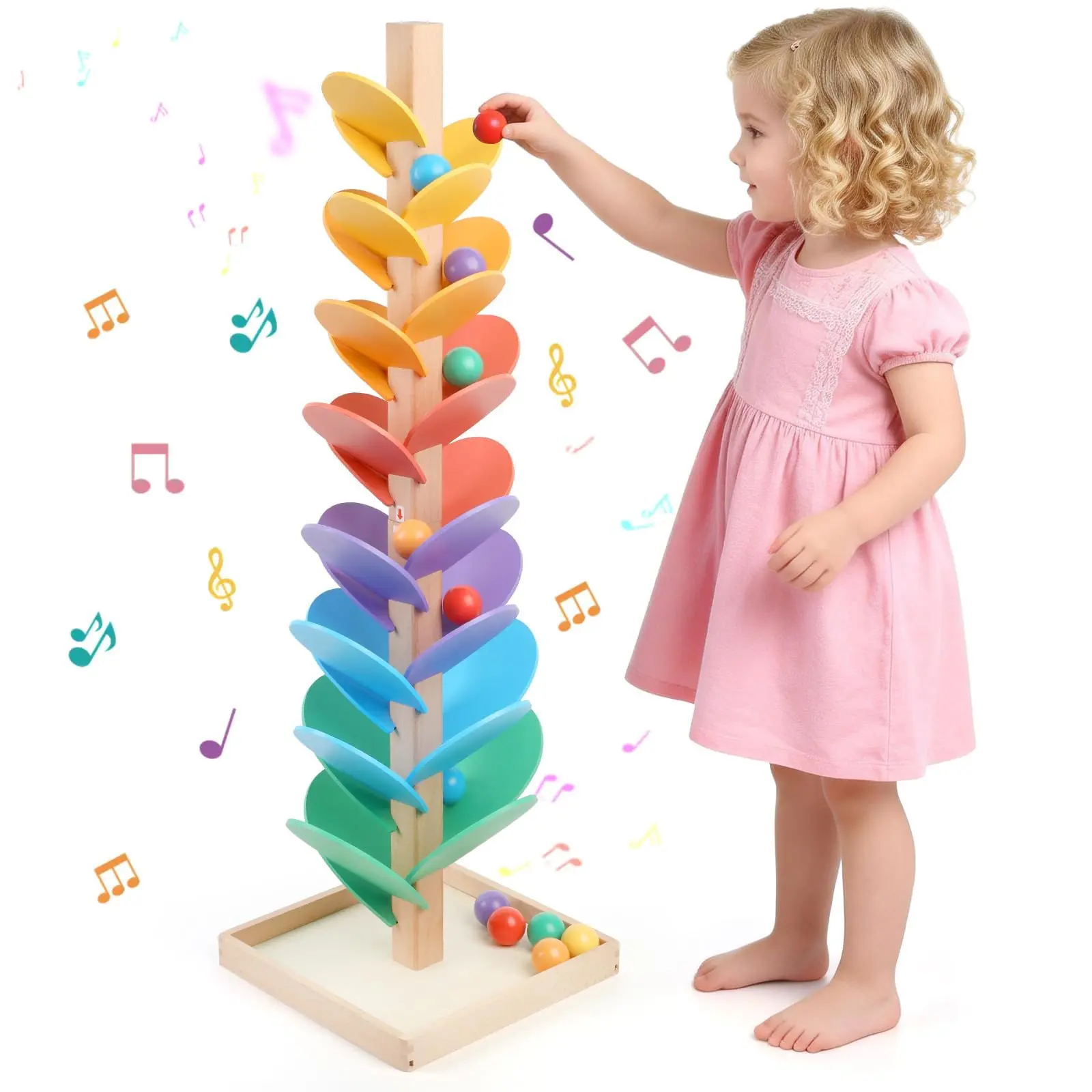 Wooden Marble Run Music Tree Toy Rainbow Montessori Ball Drop Game 28 Inch Tall Educational Learning Toy For Kids Ages 3 Plus