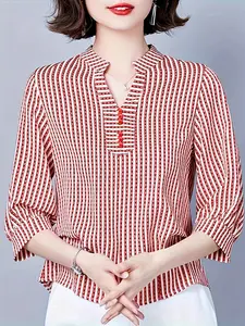 Summer Women's Loose Lightweight Chiffon Blouse, Plus Size V-Neck Striped Top with Three-Quarter Sleeves, Stylish and Comfortable Fit