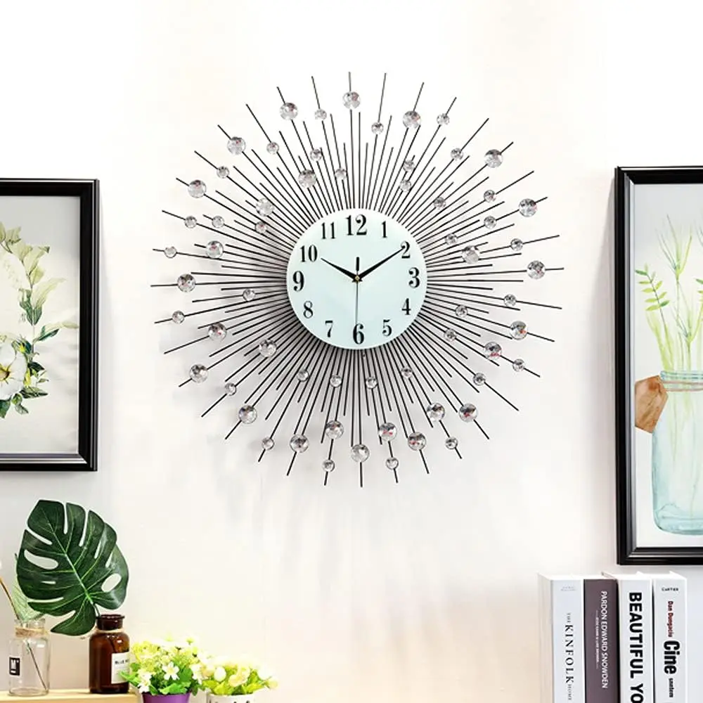 60x60cm Large Modern Crushed Diamond Round Crystal Wall Art Clock, Sun-Shape, Non-Ticking Silent, Glass-Metal Construction, Clocks for Living Room Home Decor