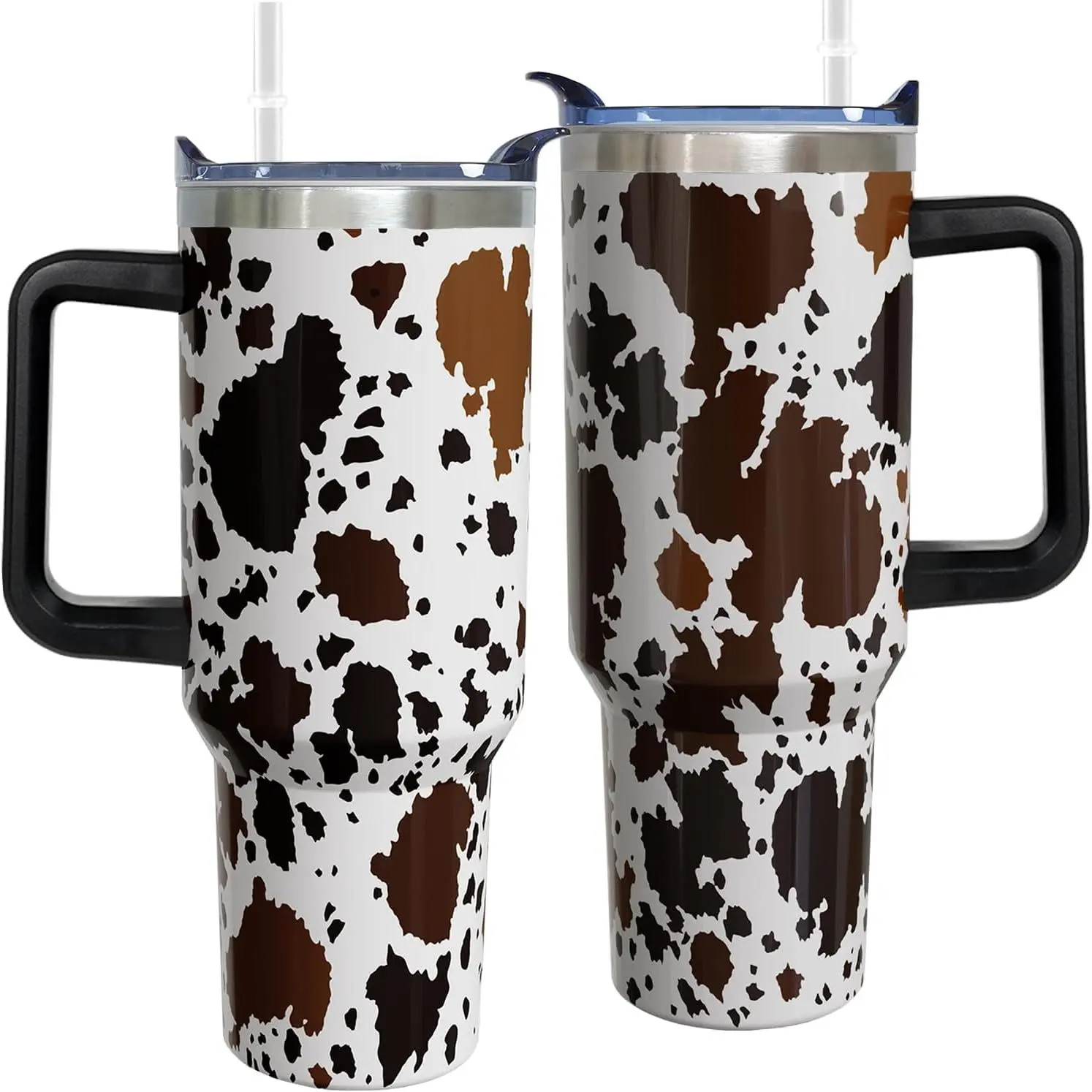 Women's 40 oz Skinny Cow Print Insulated 18/8 Stainless Steel Tumbler - Detachable Handle, Transparent Lid, Metal Straw, Silicone Accessories Set, Plastic-Free Coffee Vacuum Flask, Cow Gifts, Travel Mug