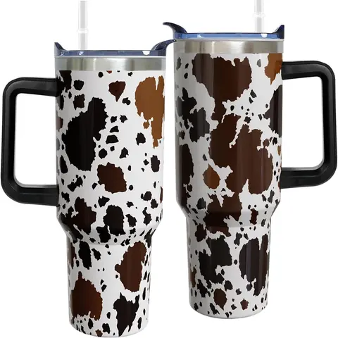 Women's 40oz Skinny 18/8 Steel Insulated Tumbler Water Bottle Flask - 4.5in Width, 11in High, Detachable Handle, Transparent Lid, Metal Straw, Silicone Accessories Set, Plastic-Free Cow Print Full Frame Drinkware, Water Bottles