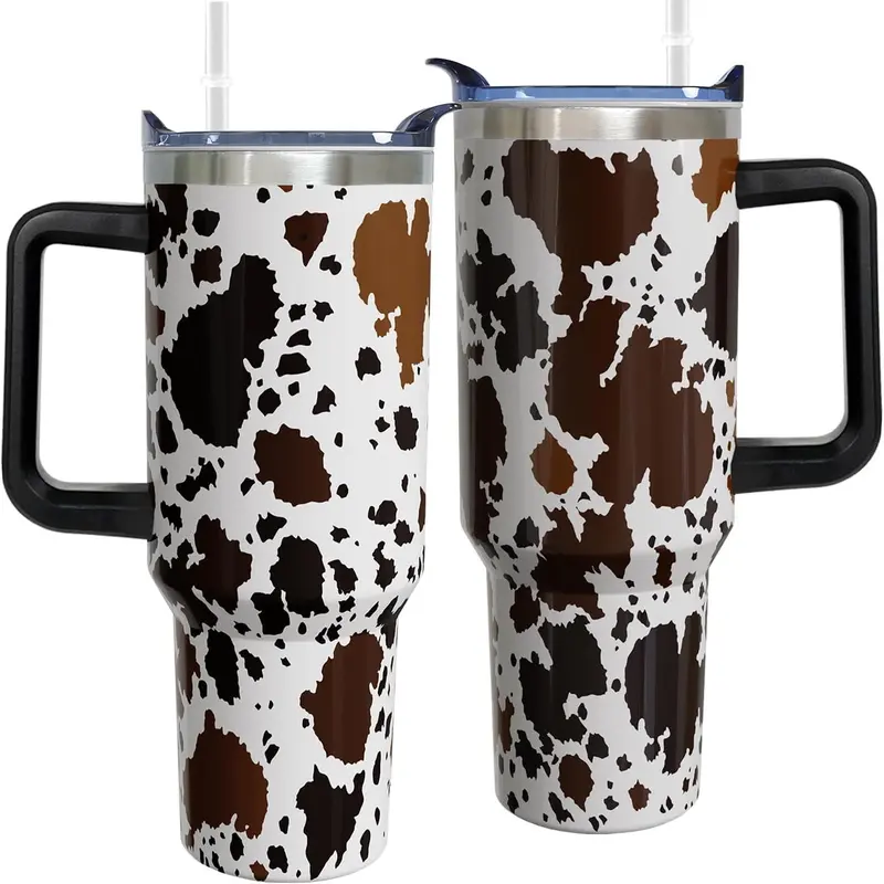Women's 40oz Skinny 18/8 Steel Insulated Tumbler Water Bottle Flask - 4.5in Width, 11in High, Detachable Handle, Transparent Lid, Metal Straw, Silicone Accessories Set, Plastic-Free Cow Print Full Frame Drinkware, Water Bottles