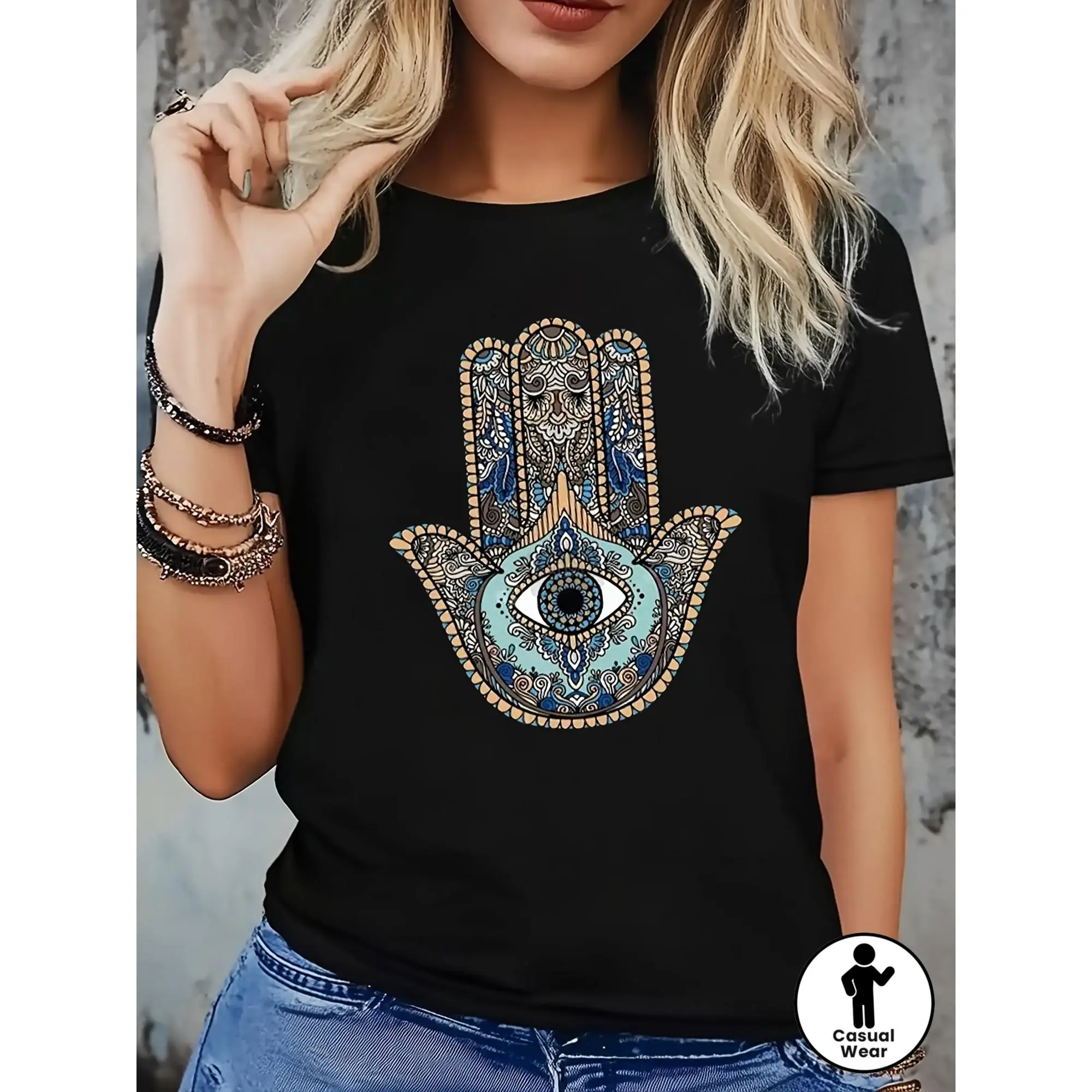Women's Bohemian Cotton Shortsleeve Round Neck Black T-Shirt - 92% Fiber/8% Stretch, Machine Washable All-Season Top with Exquisite Hamsa Hand & Eye Pattern, Festival Party Streetwear for Thanksgiving, Easter, Valentines Day, Plants Lovers, 3Xl, 2Xl, Rela