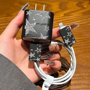 Starry Design Charger Sticker Background Silver Color Stars, Phone Charging Protector Case Data Cable Organizer Set