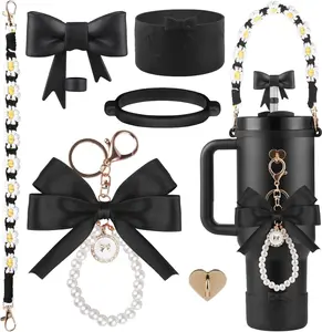 Bow Accessories Set for  Cup,Water Bottle Handle Strap, Siliocne Cup Boot, Cute Straw Cover,   Charms, Straw Topper for 40oz & 30oz Tumbler for Women (Black)