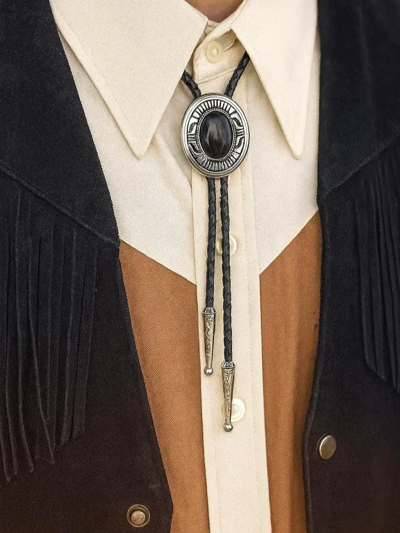 Southwestern Bolo Tie : Black Onyx Stone, Leather Cord Cowboy Necktie