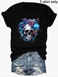 Women's Floral Skull Print Round Neck Tee, Fashion Casual Crew Neck T-shirt for Daily Holiday Vacation Outdoor Wear, Ladies Clothes for Summer, Halloween