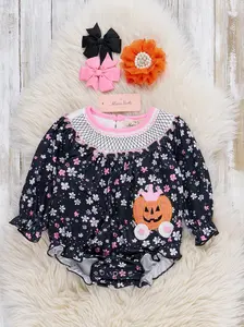 Jack-o'-Lantern Carriage Embroidered Floral Bubble Romper