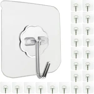 24 Pack Self Adhesive Heavy Duty Hooks, Max 33lb, Transparent Waterproof Sticky Wall Hooks for Keys Bathroom Shower Outdoor Kitchen Door Home Improvement Utility Hooks
